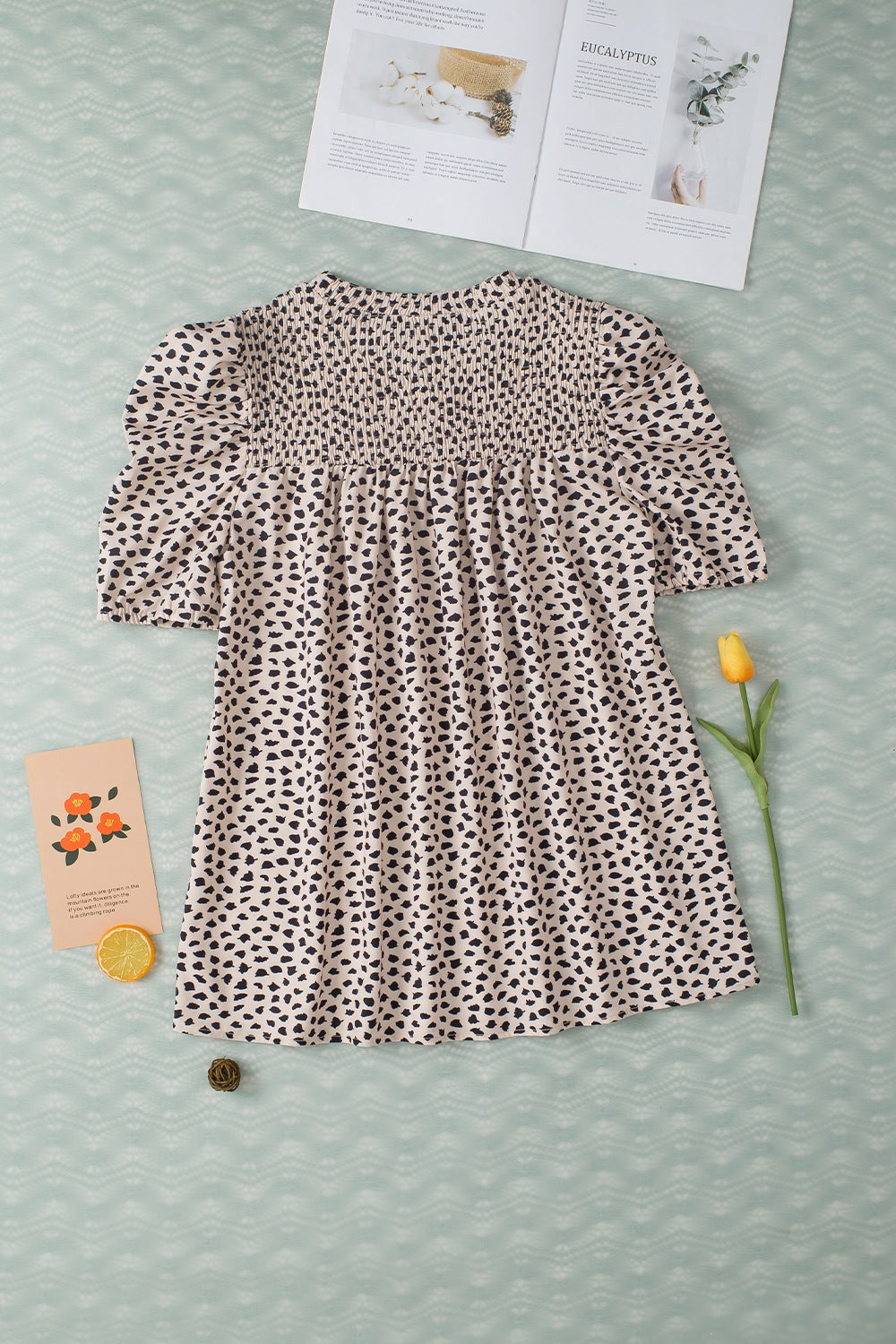 Smocked Animal Print Puff Sleeve Blouse