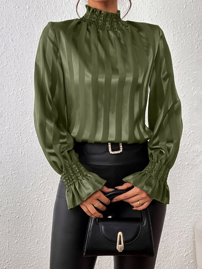 Smocked Mock Neck Long Sleeve Blouse