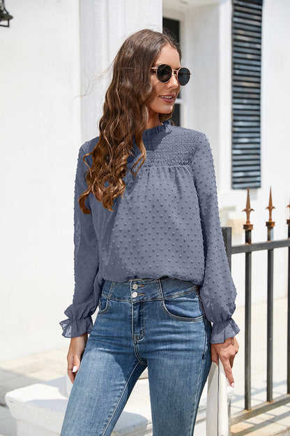 Smocked Mock Neck Swiss Dot Top