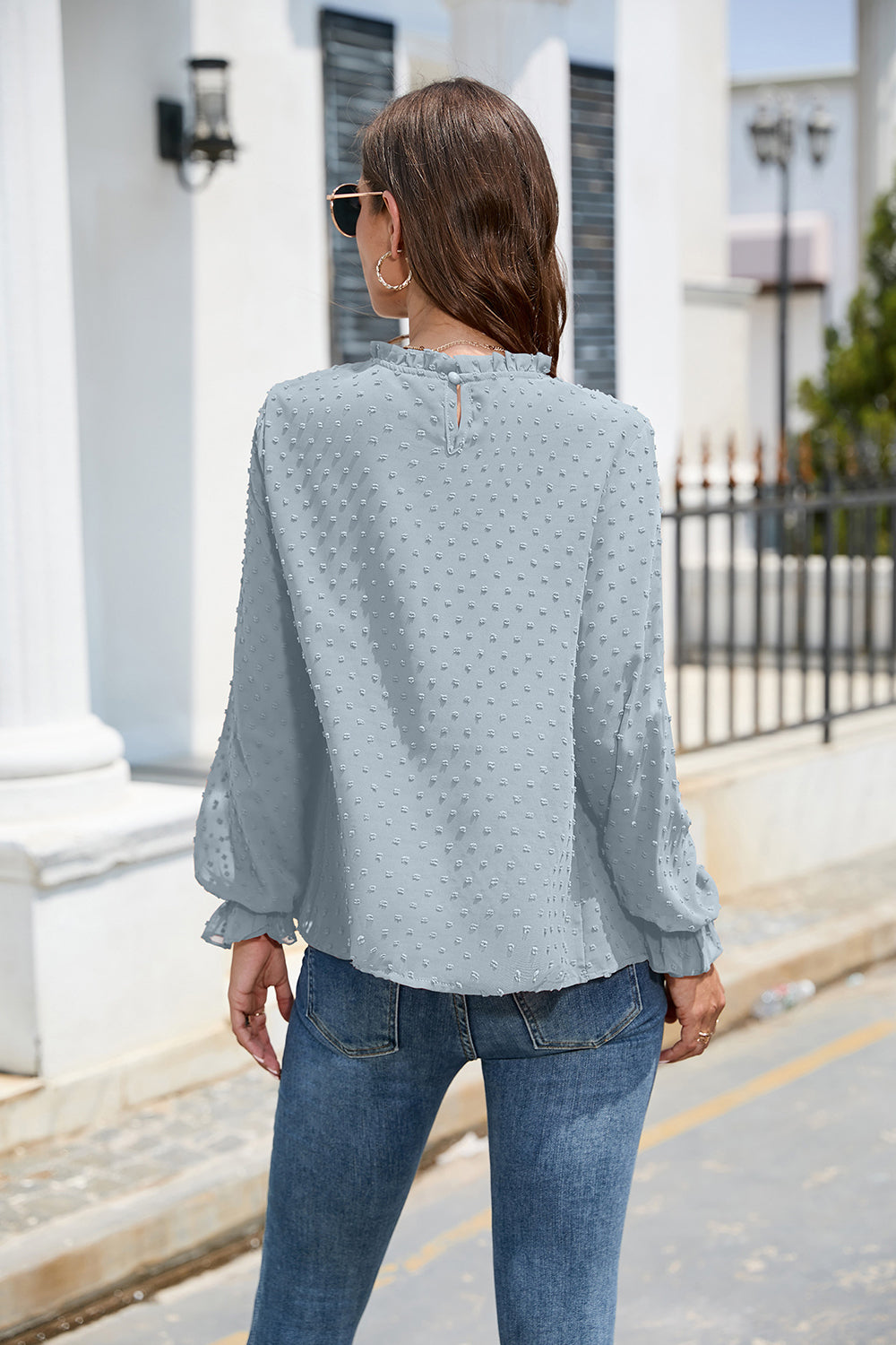 Smocked Mock Neck Swiss Dot Top