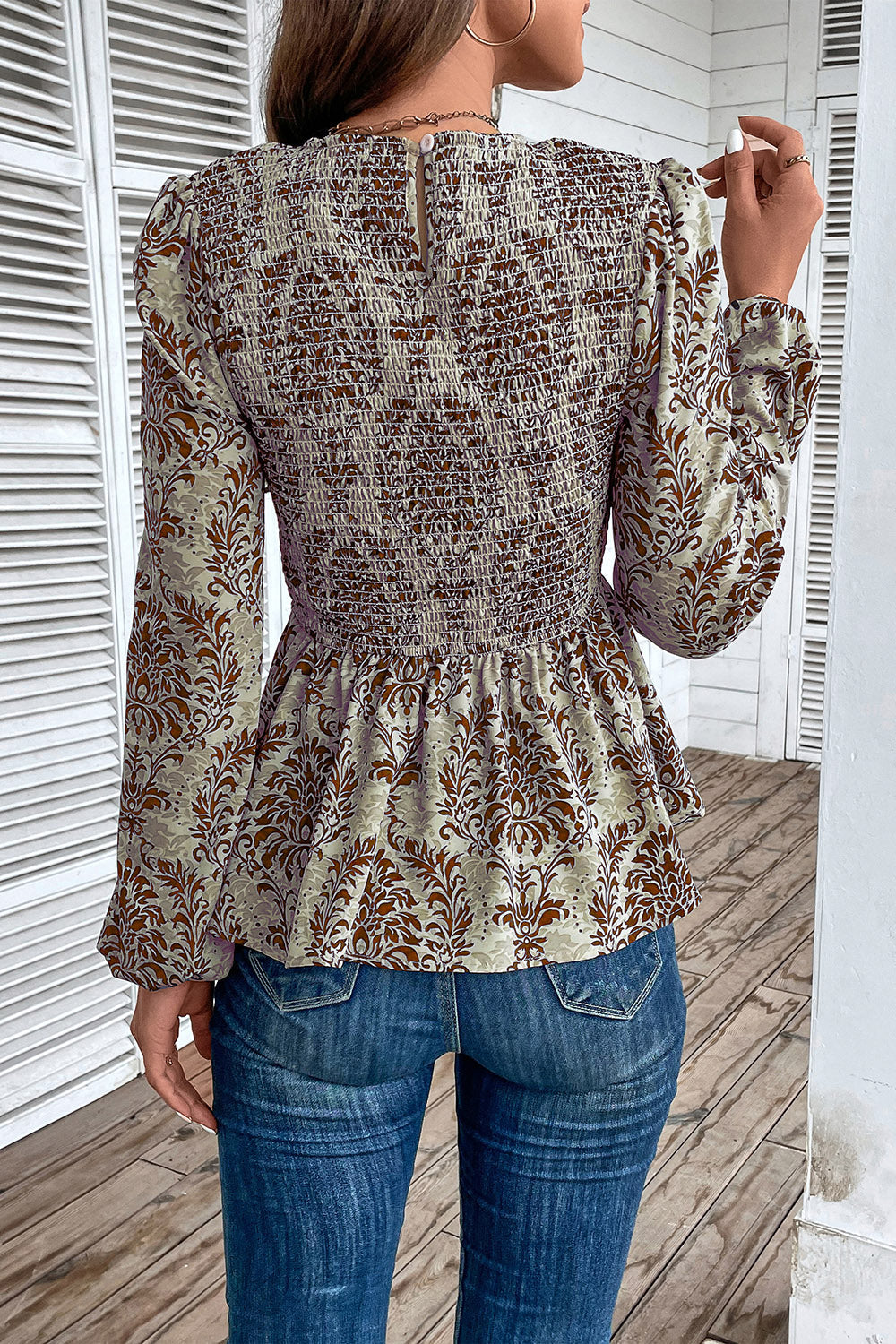 Smocked Printed Balloon Sleeve Blouse