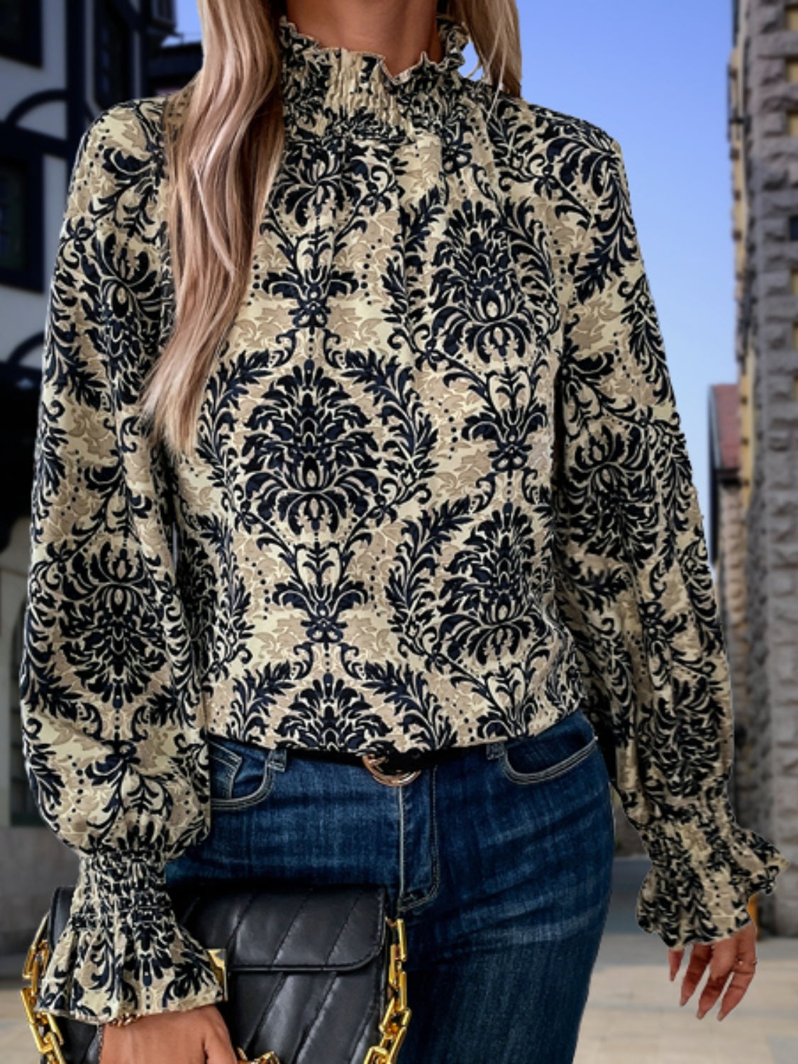 Smocked Printed Mock Neck Blouse