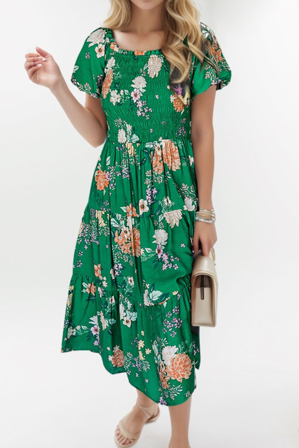 Smocked Printed Puff Sleeve Midi Dress