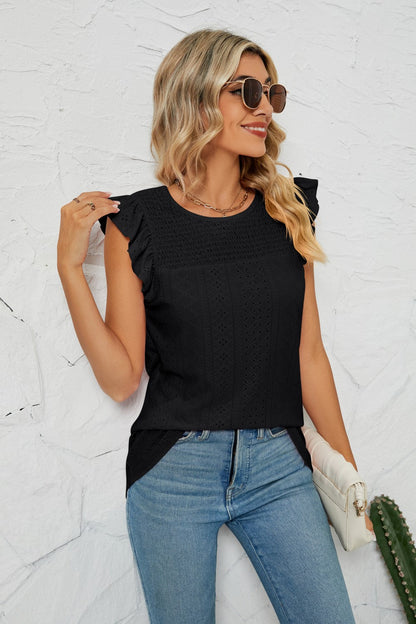 Smocked Round Neck Eyelet Top