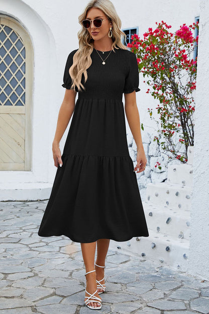 Smocked Round Neck Flounce Sleeve Midi Dress