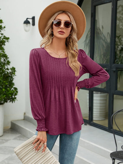 Smocked Round Neck Lantern Sleeve Blouse