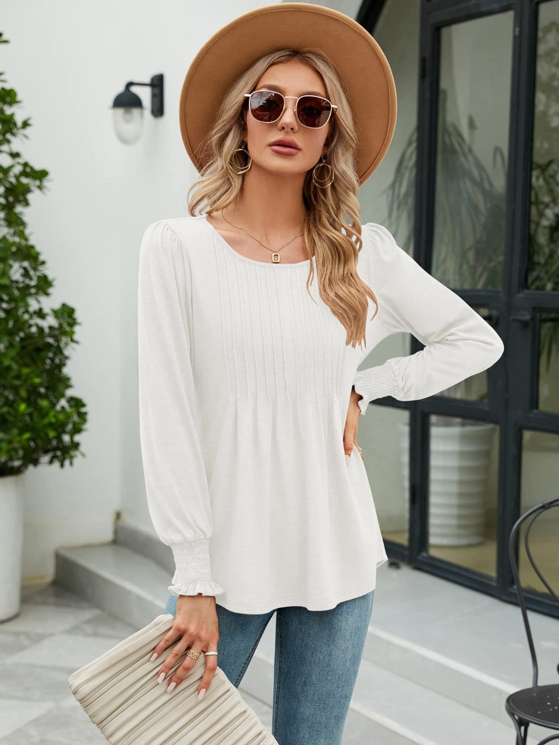 Smocked Round Neck Lantern Sleeve Blouse