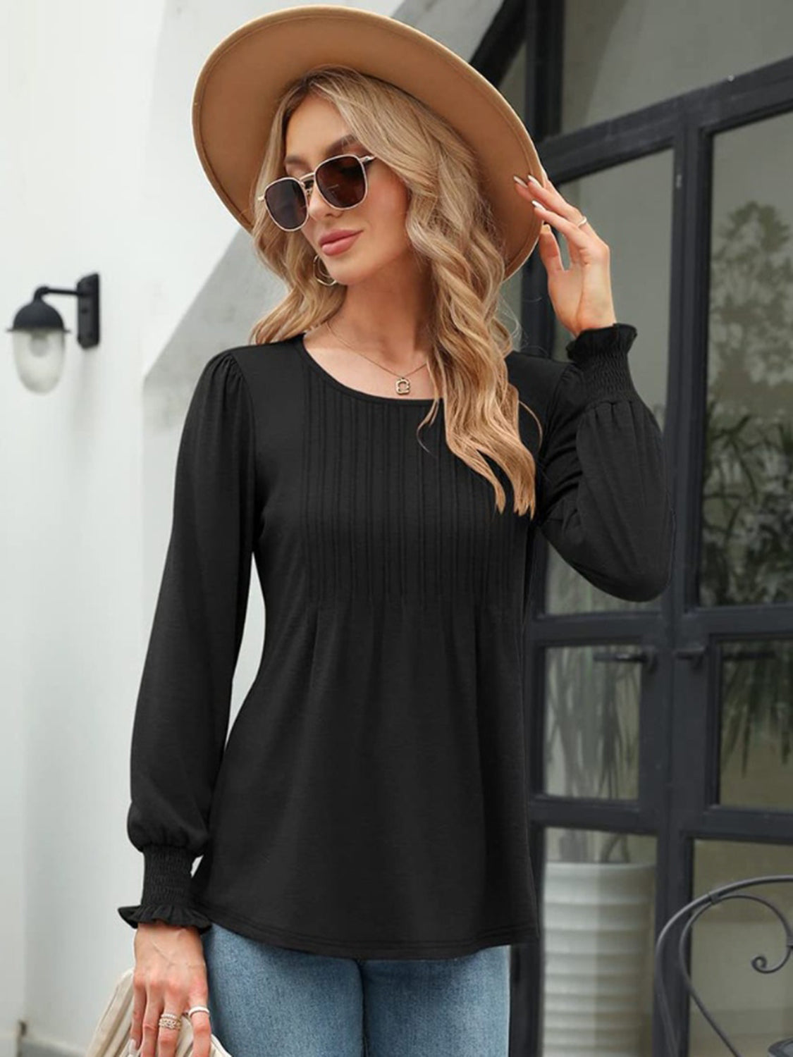 Smocked Round Neck Lantern Sleeve Blouse