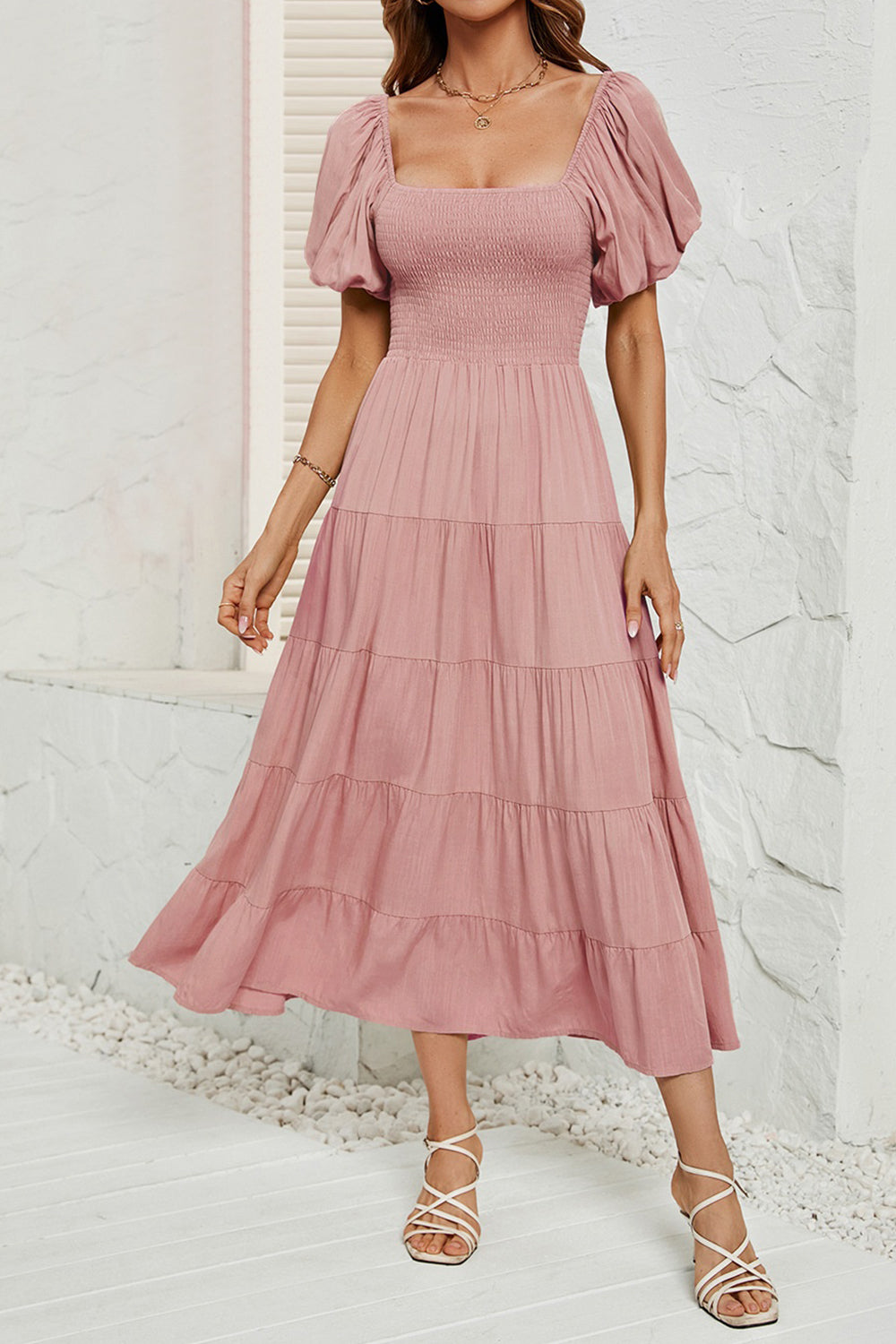 Smocked Square Neck Puff Sleeve Dress