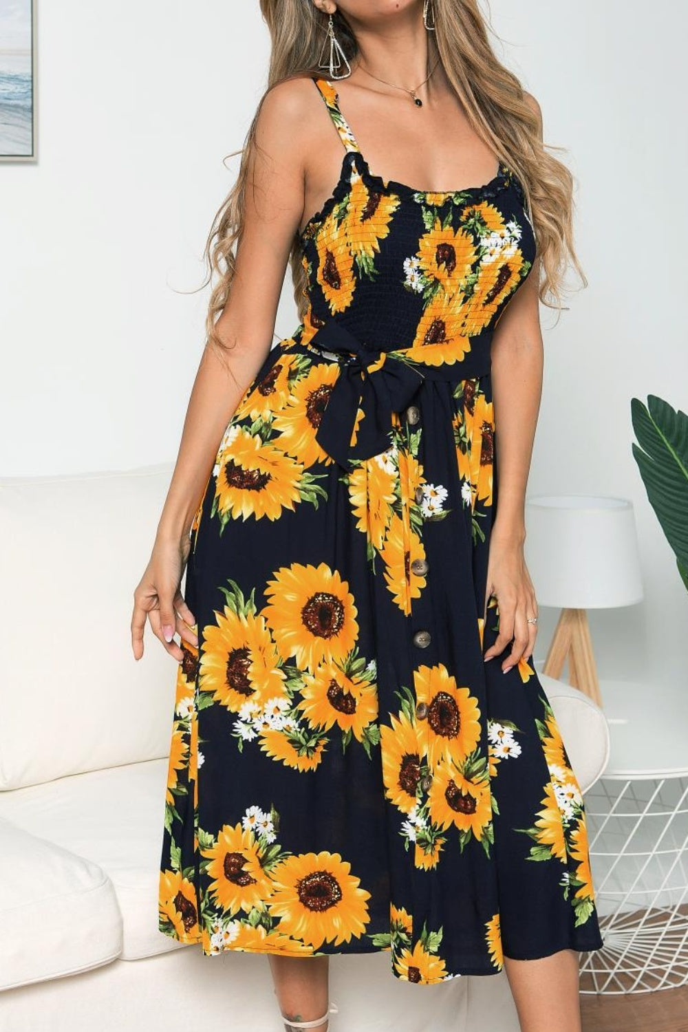 Smocked Sunflower Printed Sleeveless Cami Dress