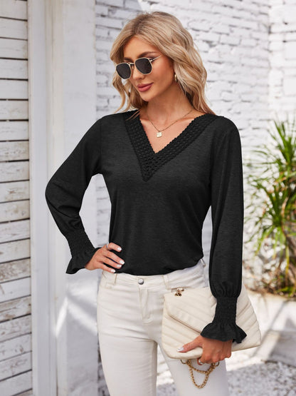 Smocked V-Neck Long Sleeve Blouse