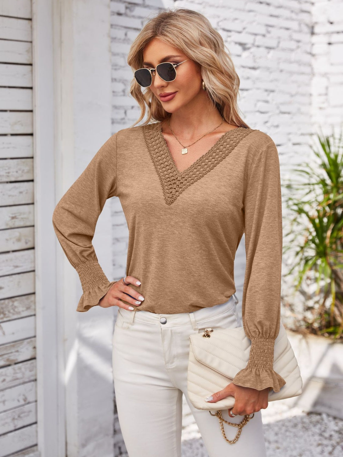 Smocked V-Neck Long Sleeve Blouse