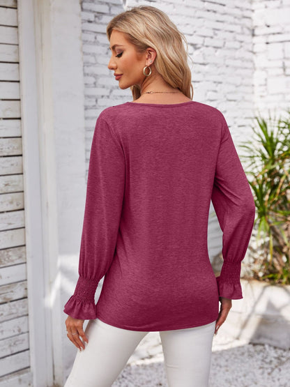 Smocked V-Neck Long Sleeve Blouse