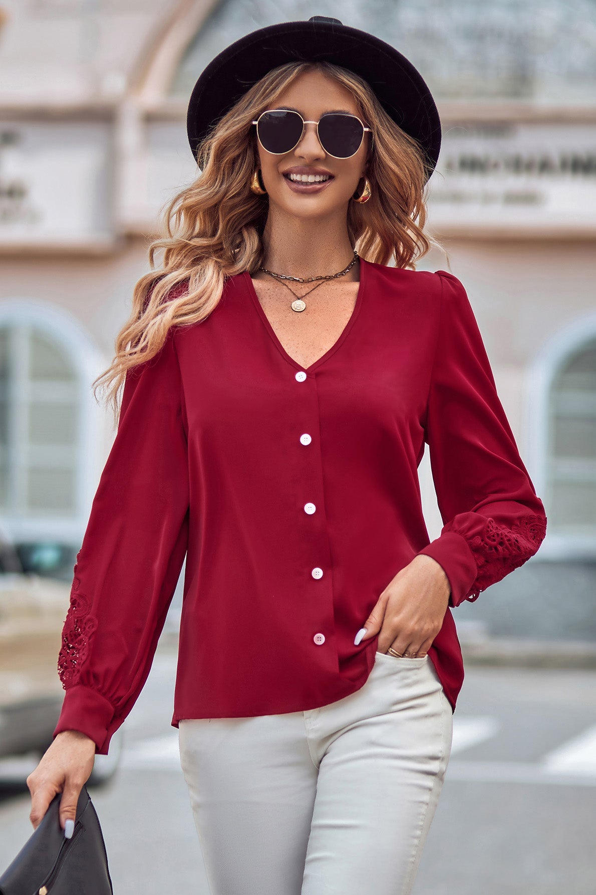 Spliced Lace V-Neck Puff Sleeve Shirt