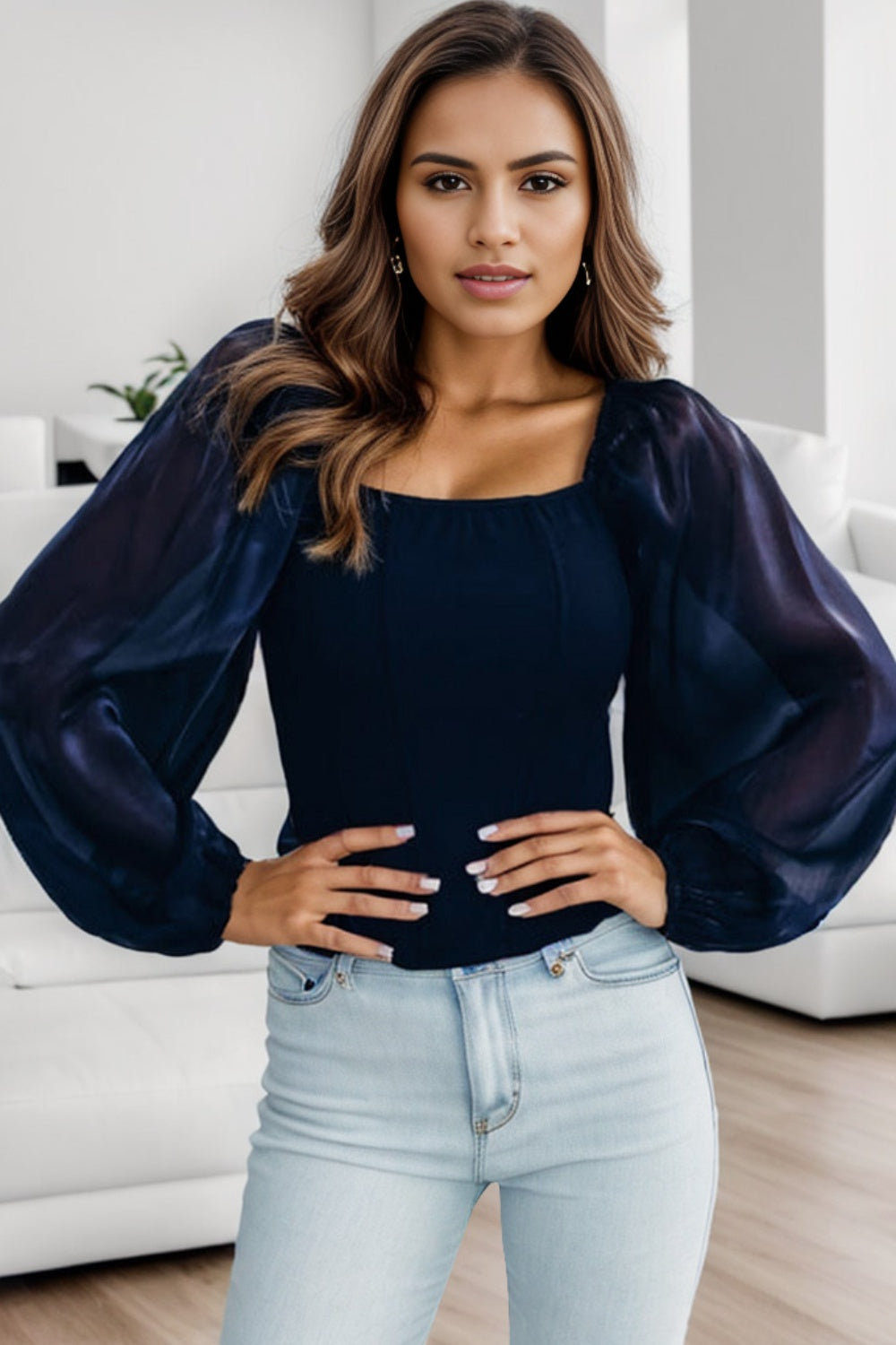 Square Neck Balloon Sleeve Blouse