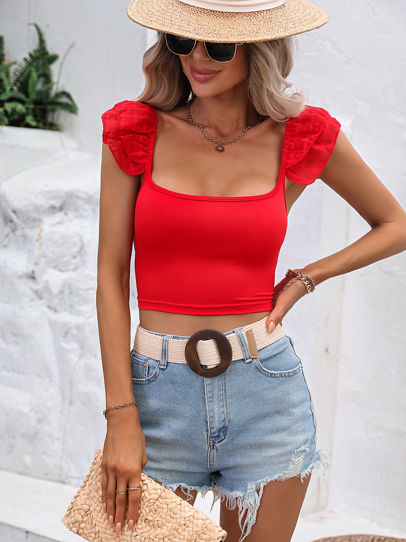 Square Neck Cap Sleeve Cropped Top