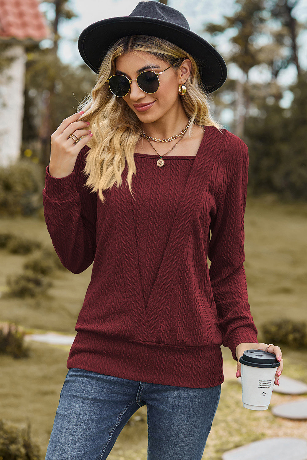 Square Neck Long Sleeve Blouse