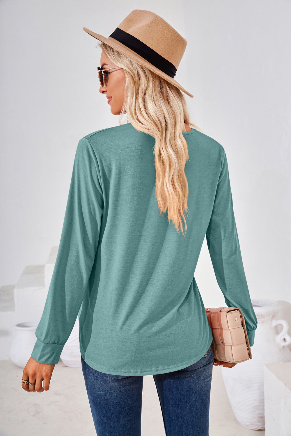 Square Neck Ruched Long Sleeve Blouse