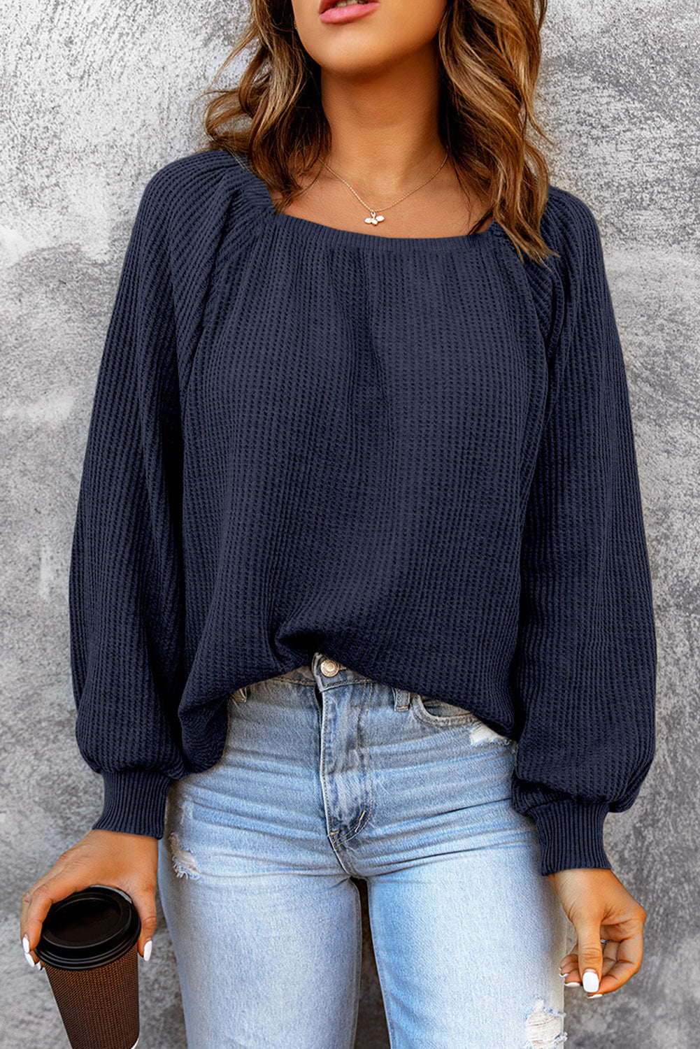 Square Neck Waffle-Knit Top