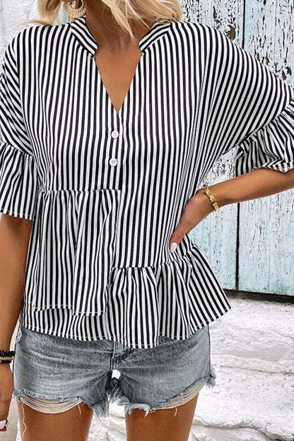 Striped Asymmetrical Flounce Sleeve Blouse