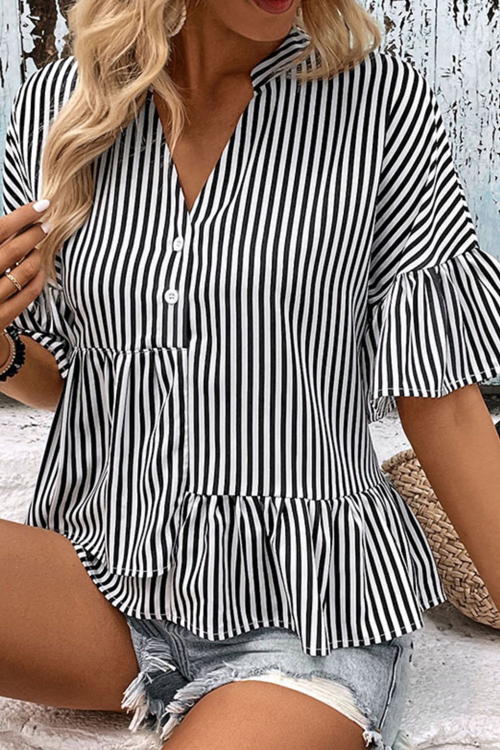 Striped Asymmetrical Flounce Sleeve Blouse