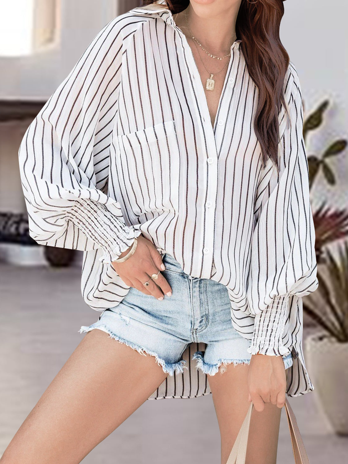 Striped Button Up Lantern Sleeve Shirt