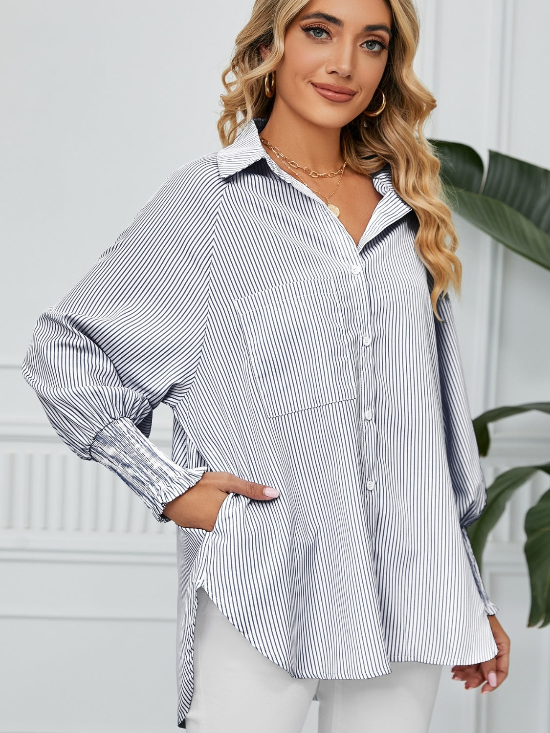 Striped Button Up Smocked Long Sleeve Shirt