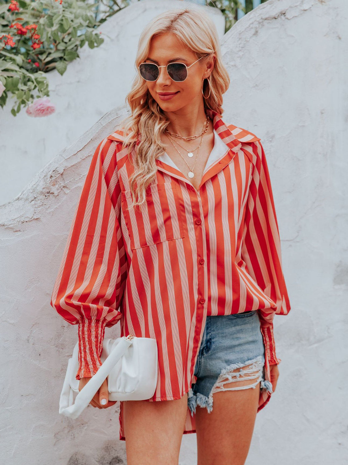 Striped Collared Neck Lantern Sleeve Shirt