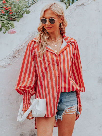 Striped Collared Neck Lantern Sleeve Shirt