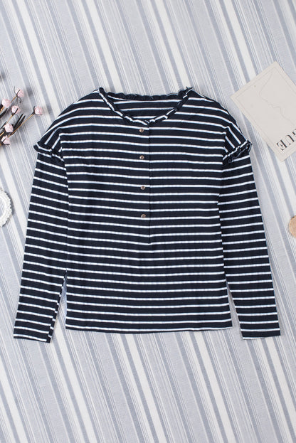 Striped Half Button Frill Trim Top