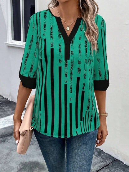 Striped Notched Half Sleeve Blouse