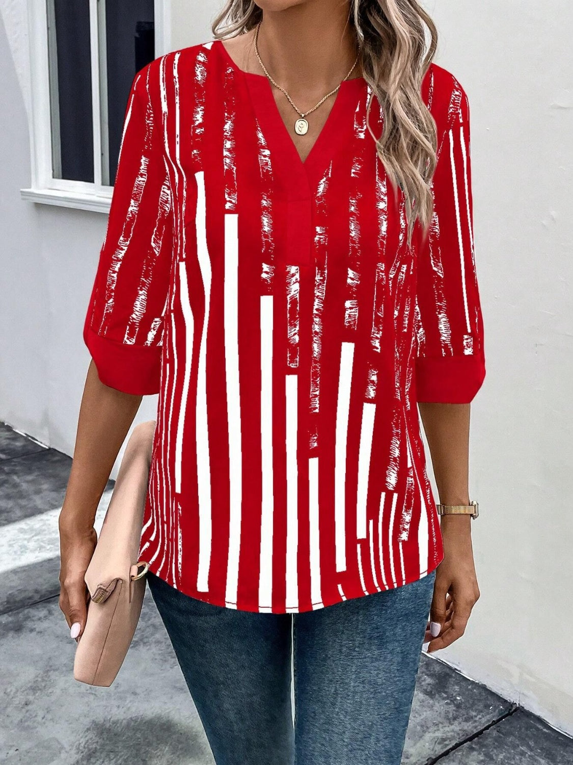 Striped Notched Half Sleeve Blouse