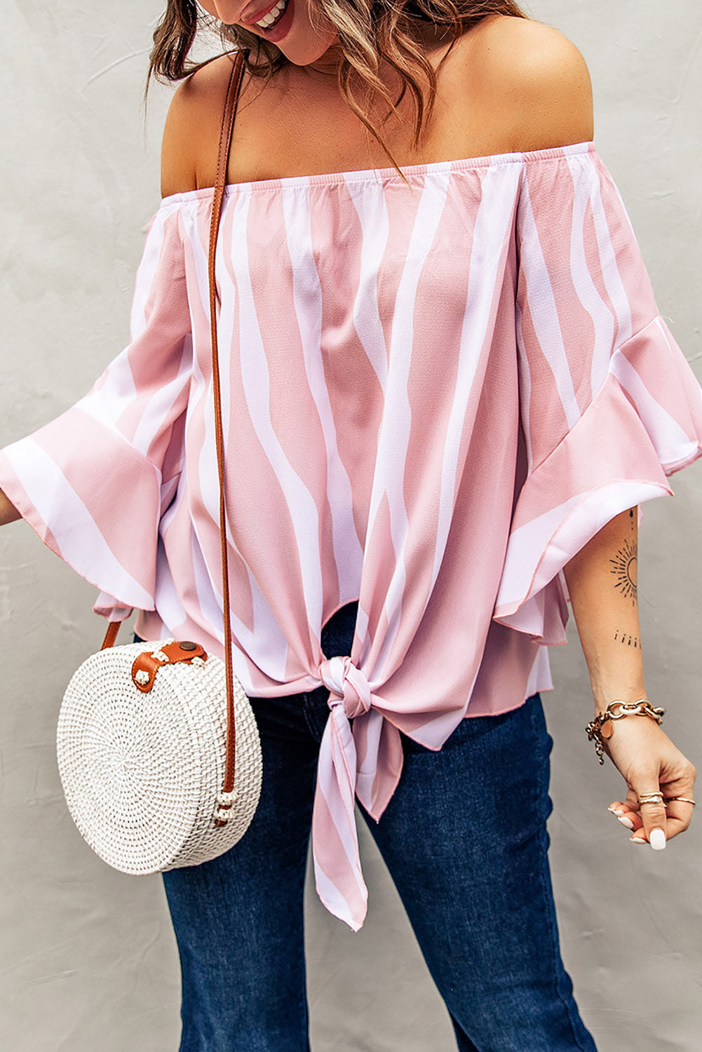 Striped Tie Front Flounce Sleeve Blouse