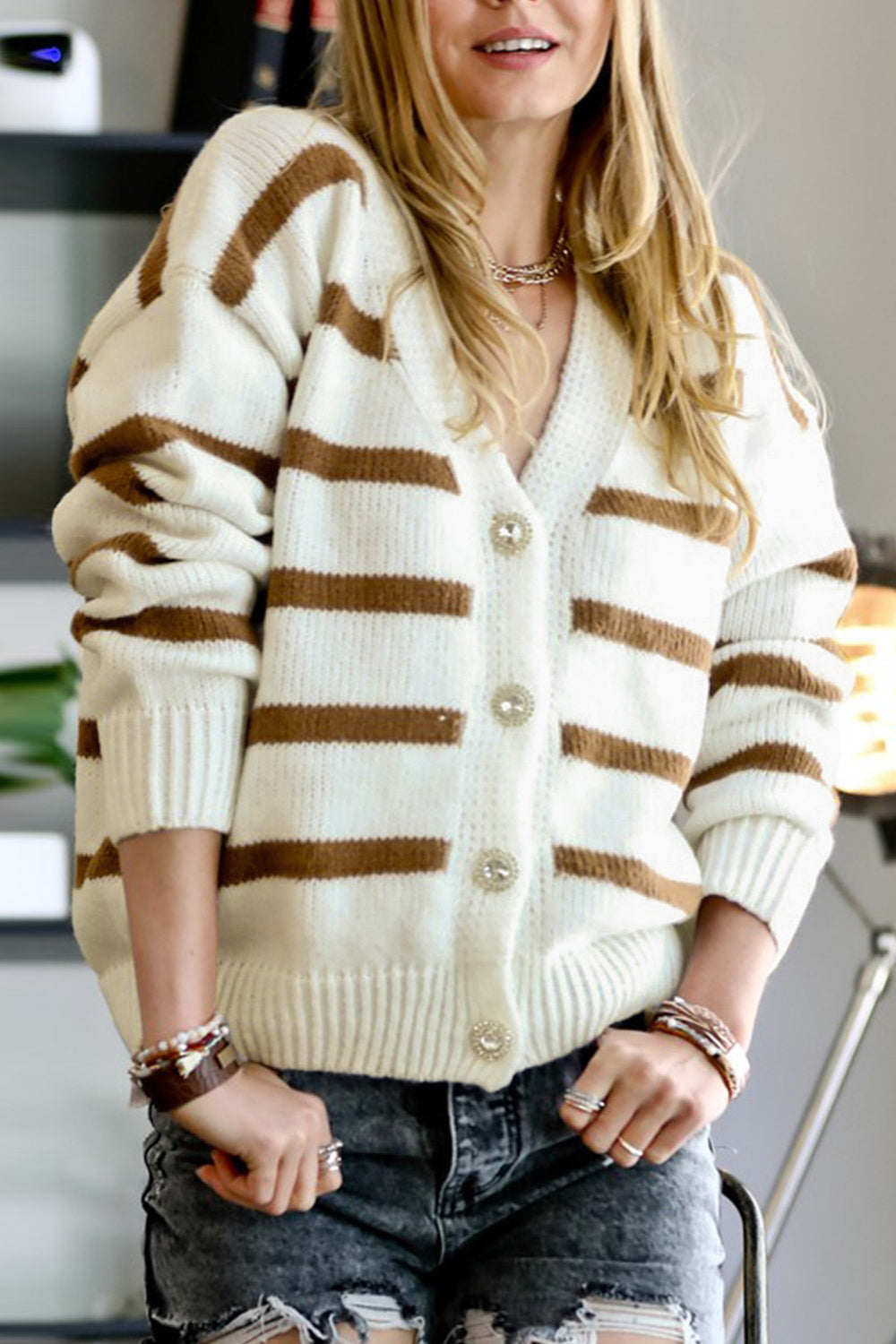 Striped V-Neck Button Down Cardigan