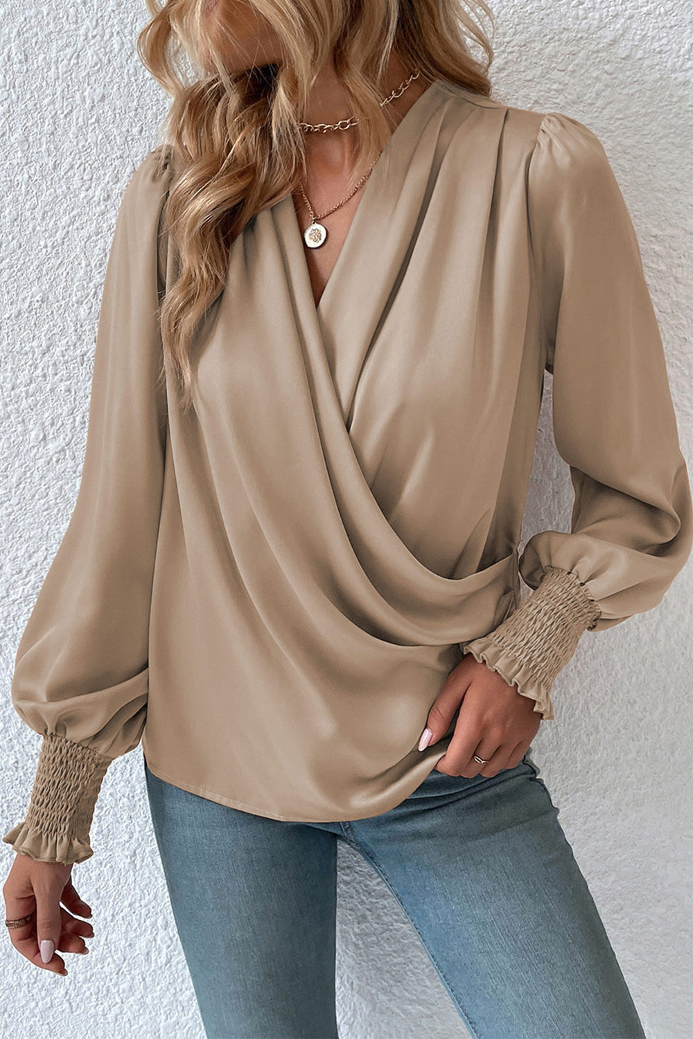 Surplice Neck Lantern Sleeve Blouse