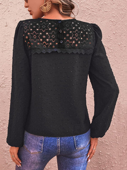 Swiss Dot Lace Trim Long Sleeve Blouse