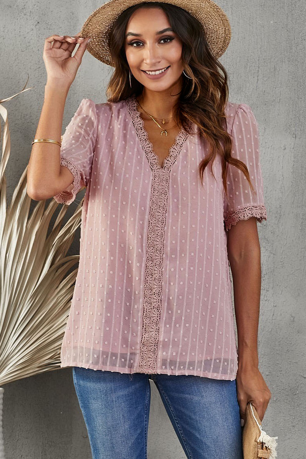 Swiss Dot Lace Trim Plunge Blouse