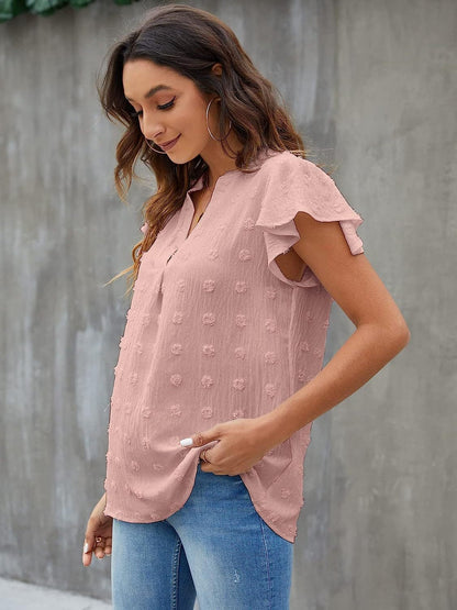 Swiss Dot Notched Cap Sleeve Blouse