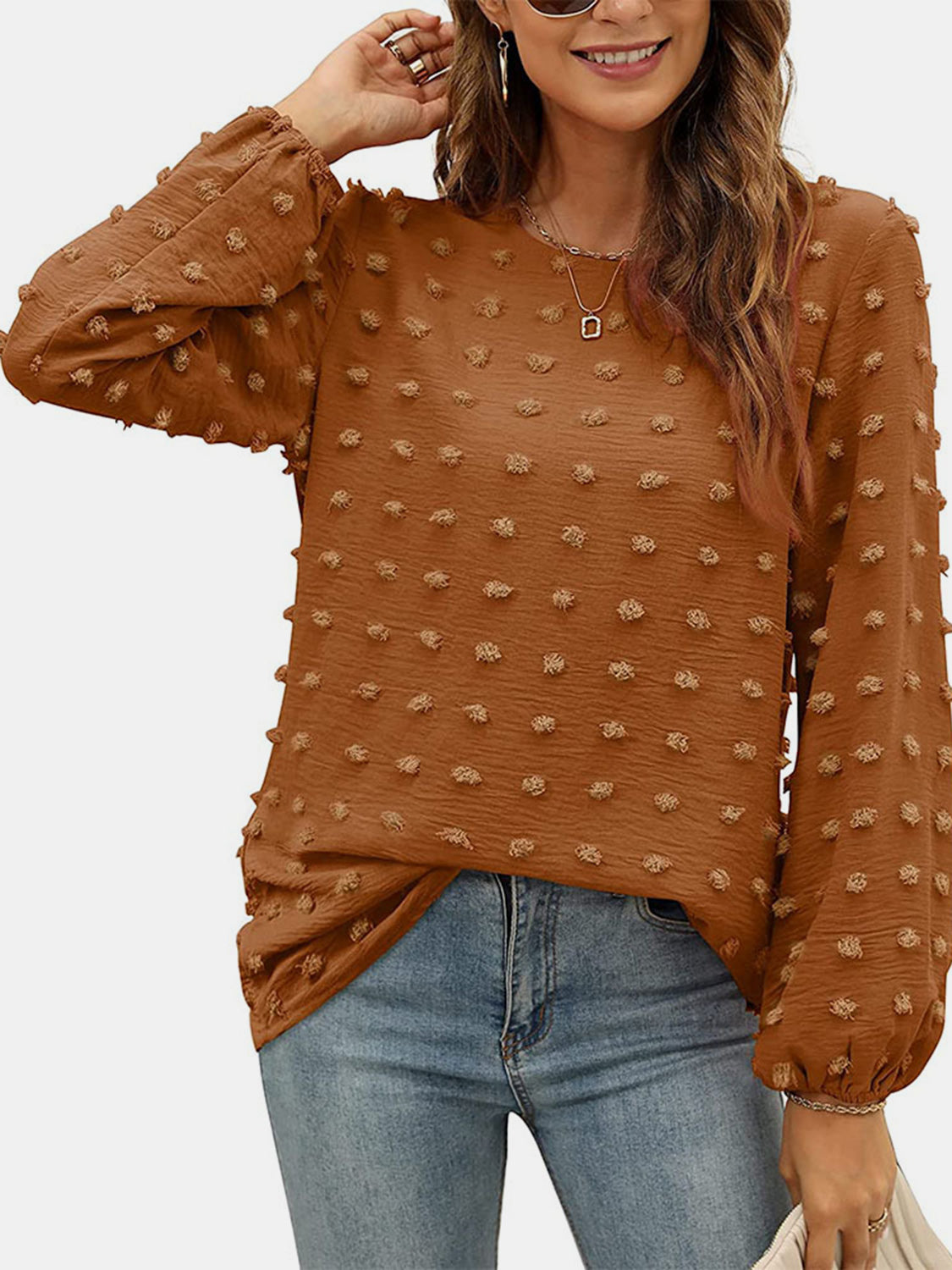 Swiss Dot Round Neck Long Sleeve Blouse