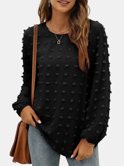 Swiss Dot Round Neck Long Sleeve Blouse