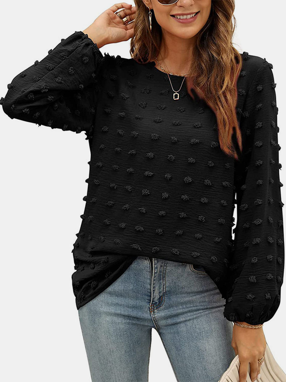 Swiss Dot Round Neck Long Sleeve Blouse