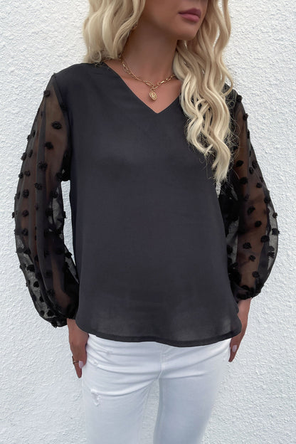 Swiss Dot Sleeve V-Neck Top