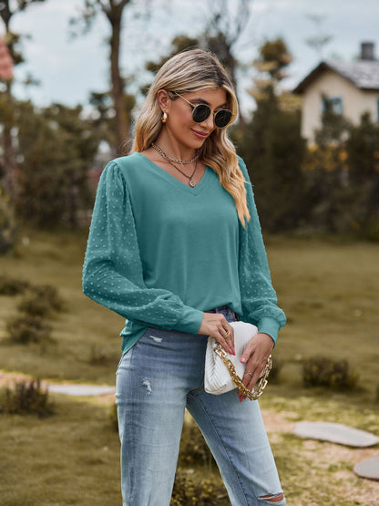 Swiss Dot V-Neck Long Sleeve Blouse