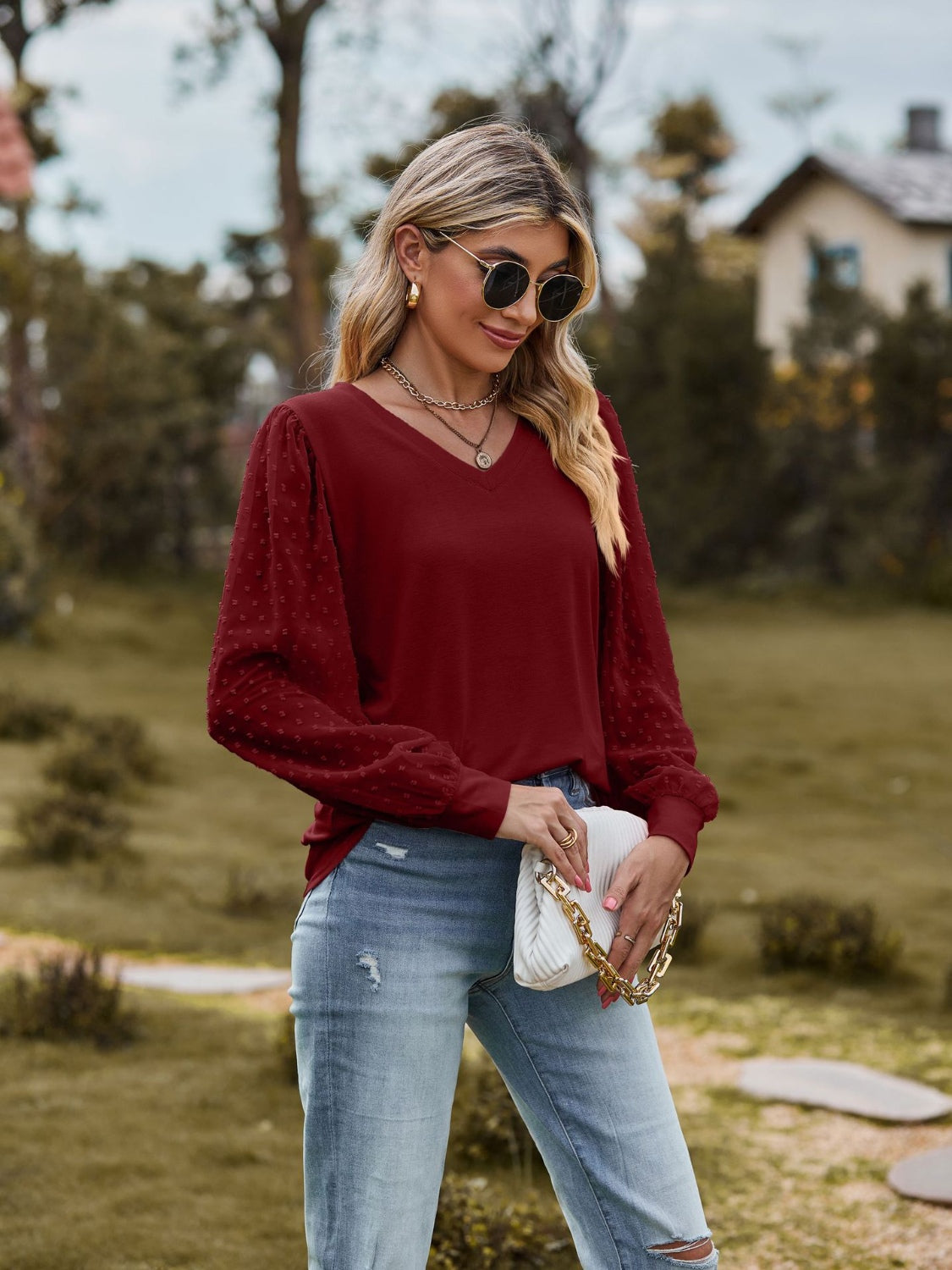 Swiss Dot V-Neck Long Sleeve Blouse