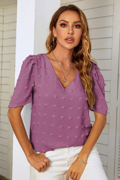 Swiss Dot V-Neck Puff Sleeve Blouse