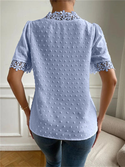 Swiss Dot V-Neck Short Sleeve Blouse