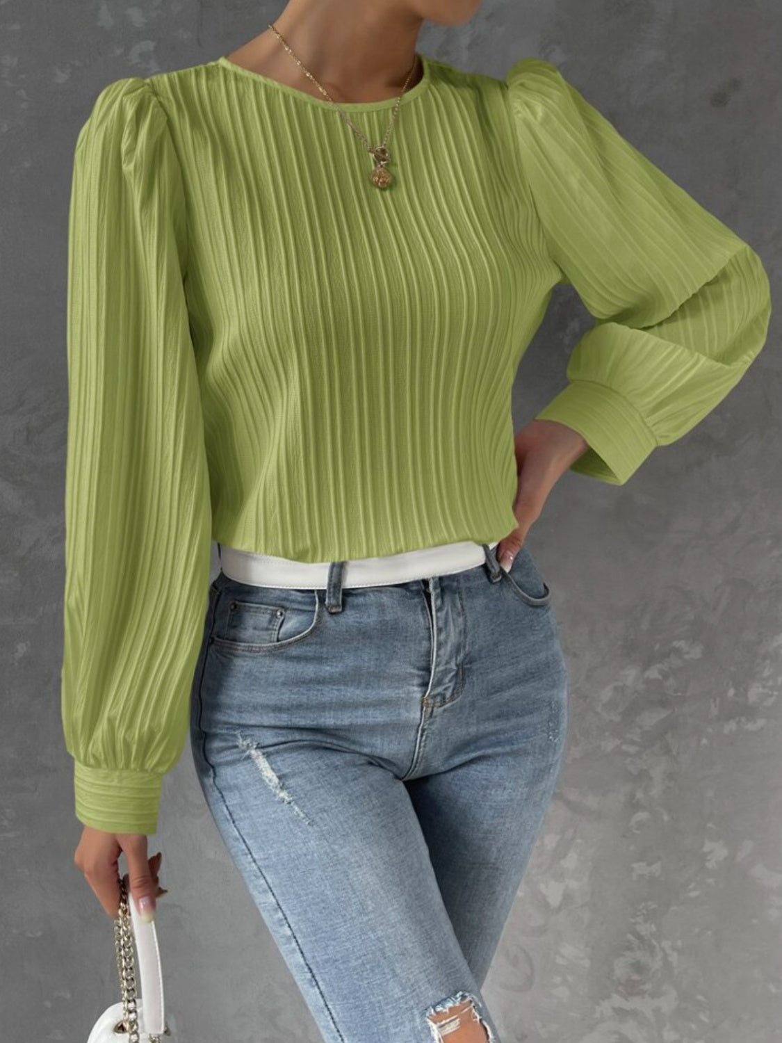 Textured Round Neck Long Sleeve Blouse