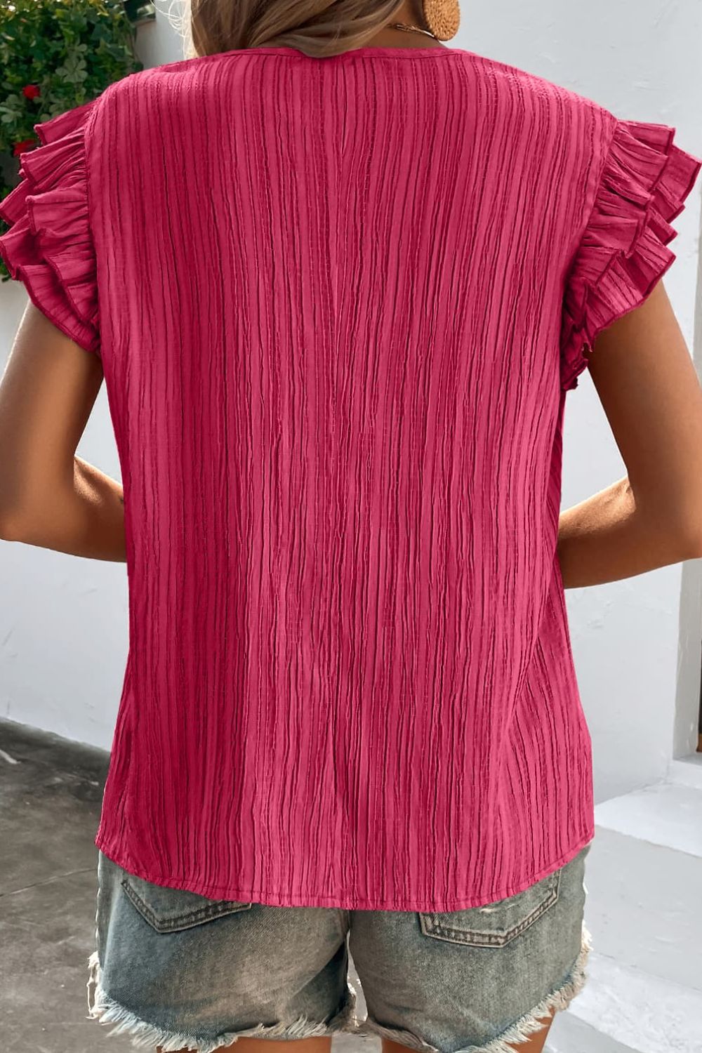 Textured Tie Neck Butterfly Sleeve Blouse