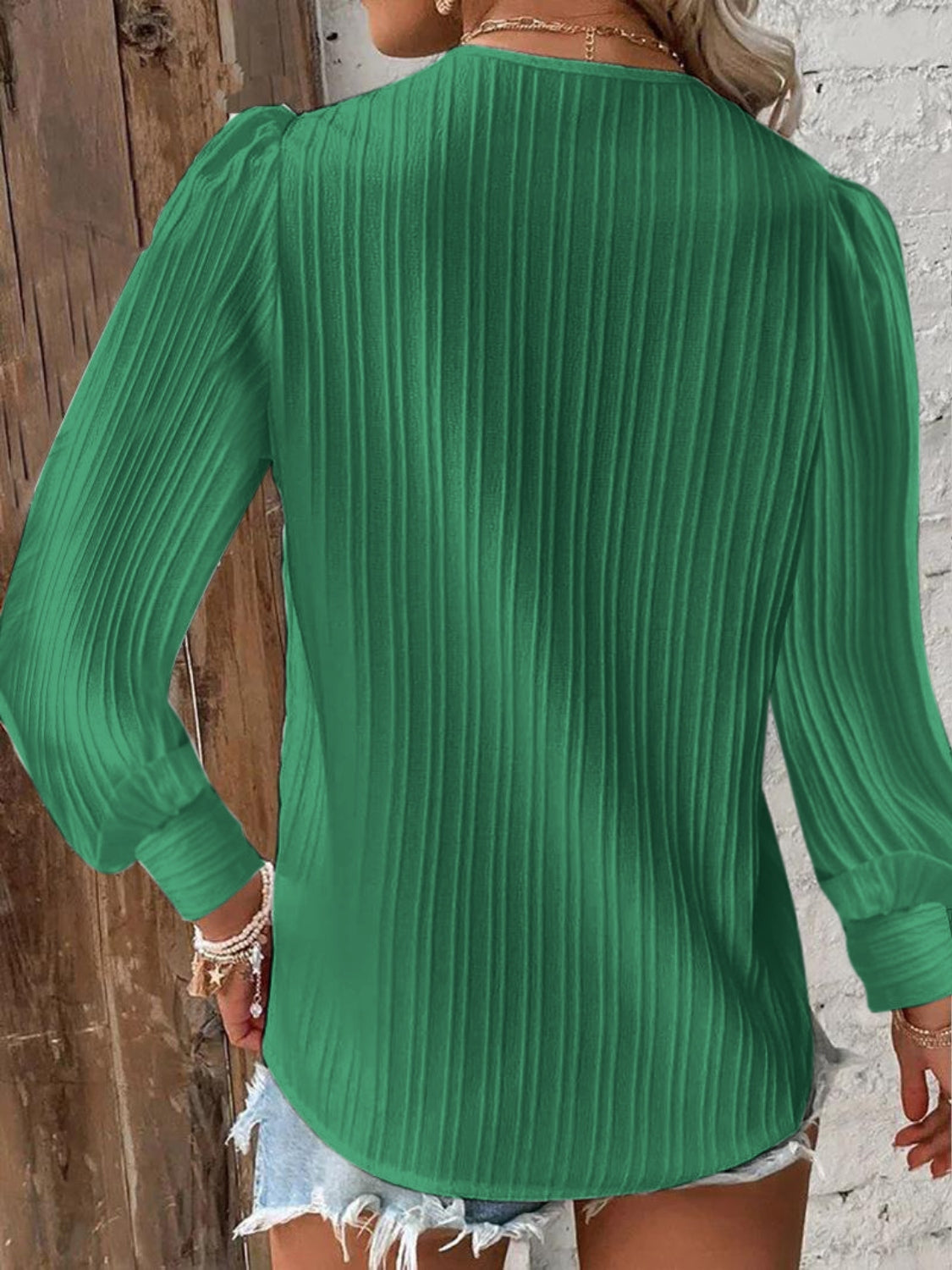 Textured V-Neck Long Sleeve Blouse