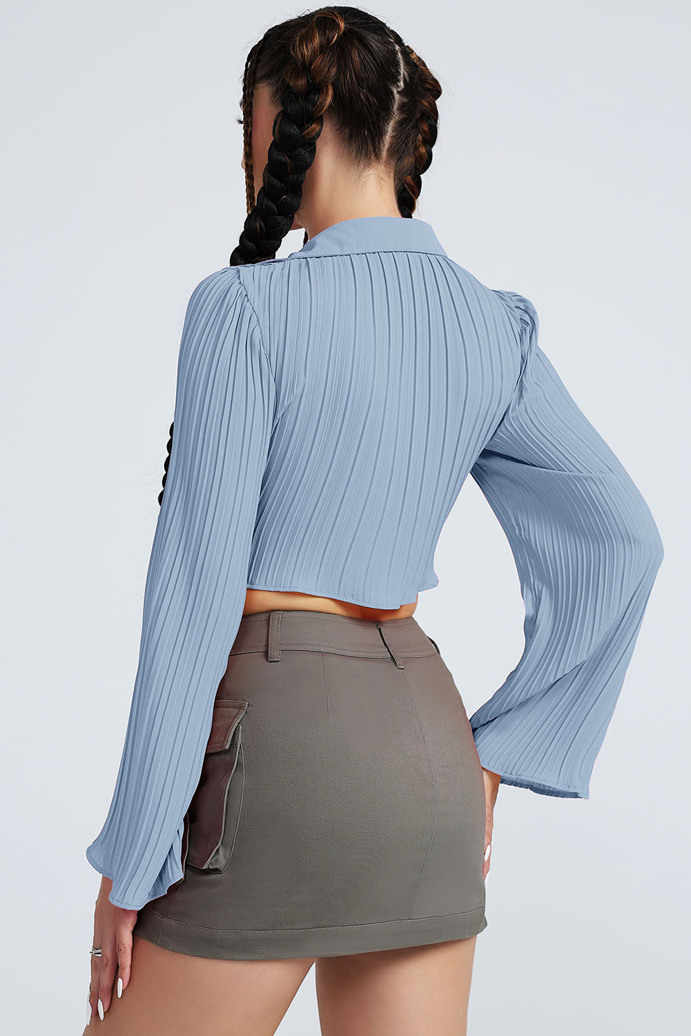 Tie Front Johnny Collar Flare Sleeve Cropped Top